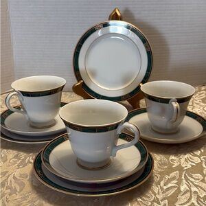 Wedgwood White Porcelain Tea Cups & Saucers with Green and Gold Band